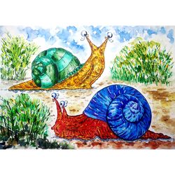 snail painting animal original art watercolor painting escargot wall art 11 by 16 above sofa art by tatianamasterpiece