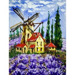 tuscany painting small watercolor original art windmill painting lavender art italy landscape 4x3 by tatianamasterpiec