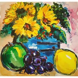 sunflowers painting still life original art fruits painting kitchen artwork watercolor art 8x8 by tatianamasterpiece