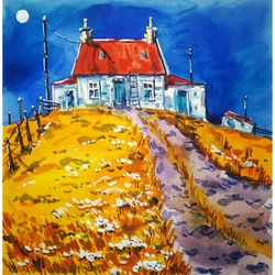 night painting watercolor original art moon painting landscape artwork farmhouse art 8x8 by tatianamasterpiece