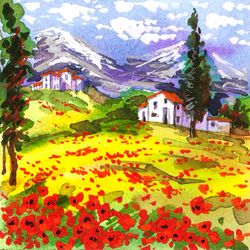 tuscany painting small watercolor original art red poppies painting italy art landscape 4x4 by tatianamasterpiece
