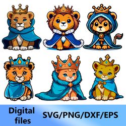 little lion kings, digital clipart, svg, png, dxf, eps files (set 6 pcs.)