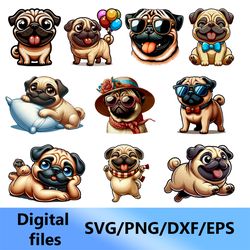 funny pug, digital clipart, svg, png, dxf, eps files (set 10 pcs.)