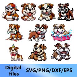 bulldog, digital clipart, svg, png, dxf, eps files (set 10 pcs.)