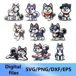 husky, digital clipart, svg, png, dxf, eps files (set 10 pcs.)