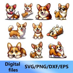 corgi, digital clipart, svg, png, dxf, eps files (set 10 pcs.)