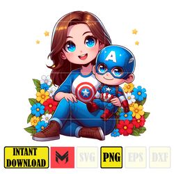 captain america png, mom and boy superhero png, cartoon mother png, mother's day png, gift for mom png, mama design png