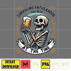 surviving fatherhood one beer at the time png, skeleton dad png, beer dad bod png, funny skeleton doing dad shit