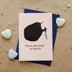 printable meme greeting card funny blackbird with bloody knife greeting card bird with knife