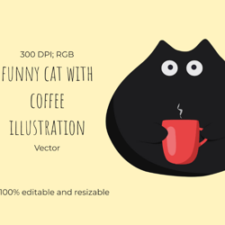 cat with coffee cute vector cartoon character png illustration for kids print downloadable svg digital graphical image c