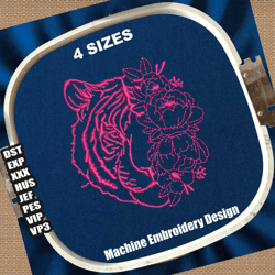 boho tiger embroidery patterns | tiger face with flower embroidery files | half tiger face half floral embroidery design
