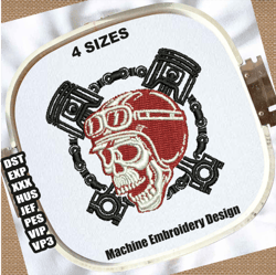bikers logo embroidery design | skull motorcycle piston embroidery patterns | skull with cross piston embroidery files