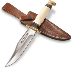 handmade d2 steel bowie knife with leather sheath bone wood handle for outdoor hunting camping hiking and survival.