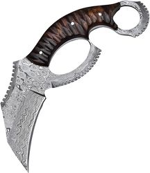 handmade damascus karambit knife with leather sheath full tang fixed blade for outdoor camping hiking survival knife