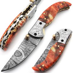 handmade damascus steel folding knife pocket camping knife with sheath resin handle survival knife medieval sword.