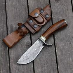 custom handmade damascus steel hunting bowie knife with leather sheath