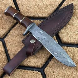 damascus steel custom handmade bowie hunting knife with leather sheath