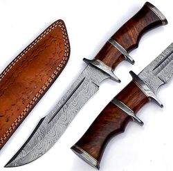 handmade damascus steel fixed blade hunting knife with leather sheath, multipurpose knife with rosewood handle