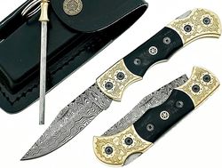 damascus steel blade folding pocket hunting lock knife with real leather sheath for camping fishing outdoor.