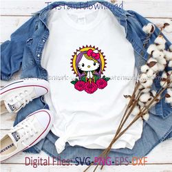 hello kitty inspired religious icon with roses, layered svg, png, eps for crafting and decoration