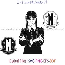 Wednesday Addams SVG, Jenna Ortega, Addams Family PNG, Nevermore Emblem, Png for shirt, file for cricut, instantdownload