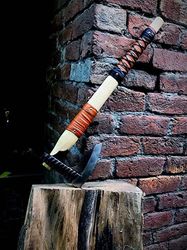 handcrafted custom-made damascus steel axe head and handle