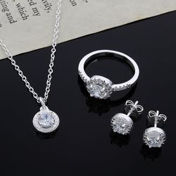 "925 sterling silver cute solid christmas gift - noble fashion elegant women shiny crystal cz necklace earring ring jewe