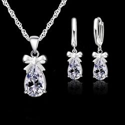 "new gift set - 925 real sterling silver with white stone cubic zirconia dangle earring pendant necklace - women's jewel