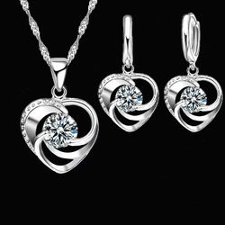 "925 sterling silver stamped necklace earrings set - long chain sweet romantic style - love heart shape - for women lady