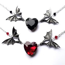 silver plated bat necklace with red heart - gothic necklace - halloween jewelry - vampire jewelry - bat jewelry