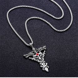 exquisite fashion creative double dragon sword cross titanium steel pendant necklace - retro personality men's jewelry g