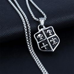 gothic titanium steel skull shield pendant necklace - hip-hop rock unique design necklace - jewelry gift