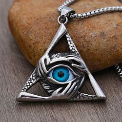 retro unique evil eye pendant for men - punk hip hop stainless steel triangle necklace - personality fashion jewelry gif