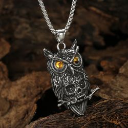 gothic vintage vikings owl skull pendant necklace - punk rock stainless steel biker necklaces - party amulet male jewelr