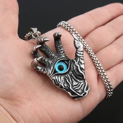 gothic demon hand claw pendant necklaces for men boys - chain punk hip hop demon eye necklace - street biker jewelry gif