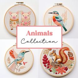 animals embroidery patterns, frames collection, embroidery template, hand embroidery bundle, pdf template