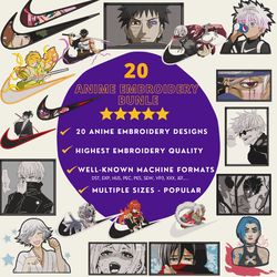 20 anime embroidery files, embroidery desgisn bundle, anime embroidery design, anime inspired machine embroidery, nike