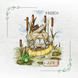 fairytale hut june. snorkeling adventure cross-stitch chart. whimsical june cross stitch pattern