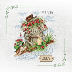 serene river landscape cross-stitch chart for july - hut aesthetic design