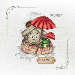 autumn friends rainy day cross-stitch pattern with cute hut and frog