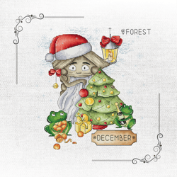 festive december cross-stitch pattern with christmas tree and cute characters