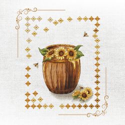 rustic barrel of honey with sunflowers cross-stitch design