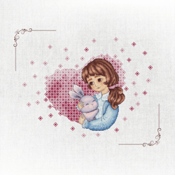 heartfelt moments: young girl and her bunny in cross-stitch