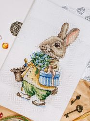 bunny with gift box cross stitch pattern easter bunny with blue flowers bouquet chart pdf elegant rabbit with flowers