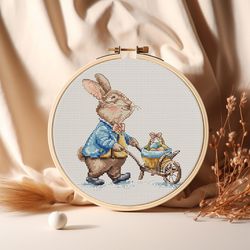 easter bunny cross stitch pattern bunny with trolley of colorful eggs embroidery chart cute easter rabbit
