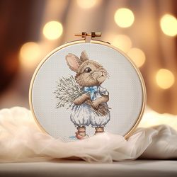 cute bunny boy with willow bouquet cross-stitch pattern pdf easter baby rabbit with flowers embroidery animal stitching