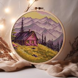 house in mountains round cross stitch pattern purple sunset in forest embroidery nature landscape instant download pdf