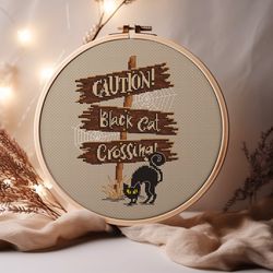 black cat lettering cross-stitch pattern caution! black cat crossing! embroidery chart halloween wooden spooky sign pdf