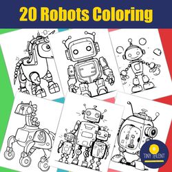 cute robots coloring pages for children | kids simple coloring activity book | printable easy coloring educational pages