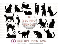 black cat bundle svg, 16 cat svg, cat silhouette, cat png, cat love svg, svg file for cricut, halloween black cat svg